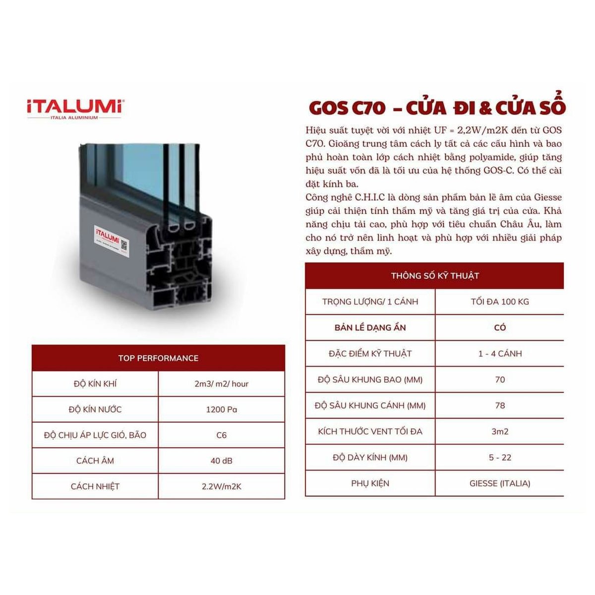 GOS C70 — Cửa nhôm cầu cách nhiệt siêu cấp kính hộp 3 lớp
