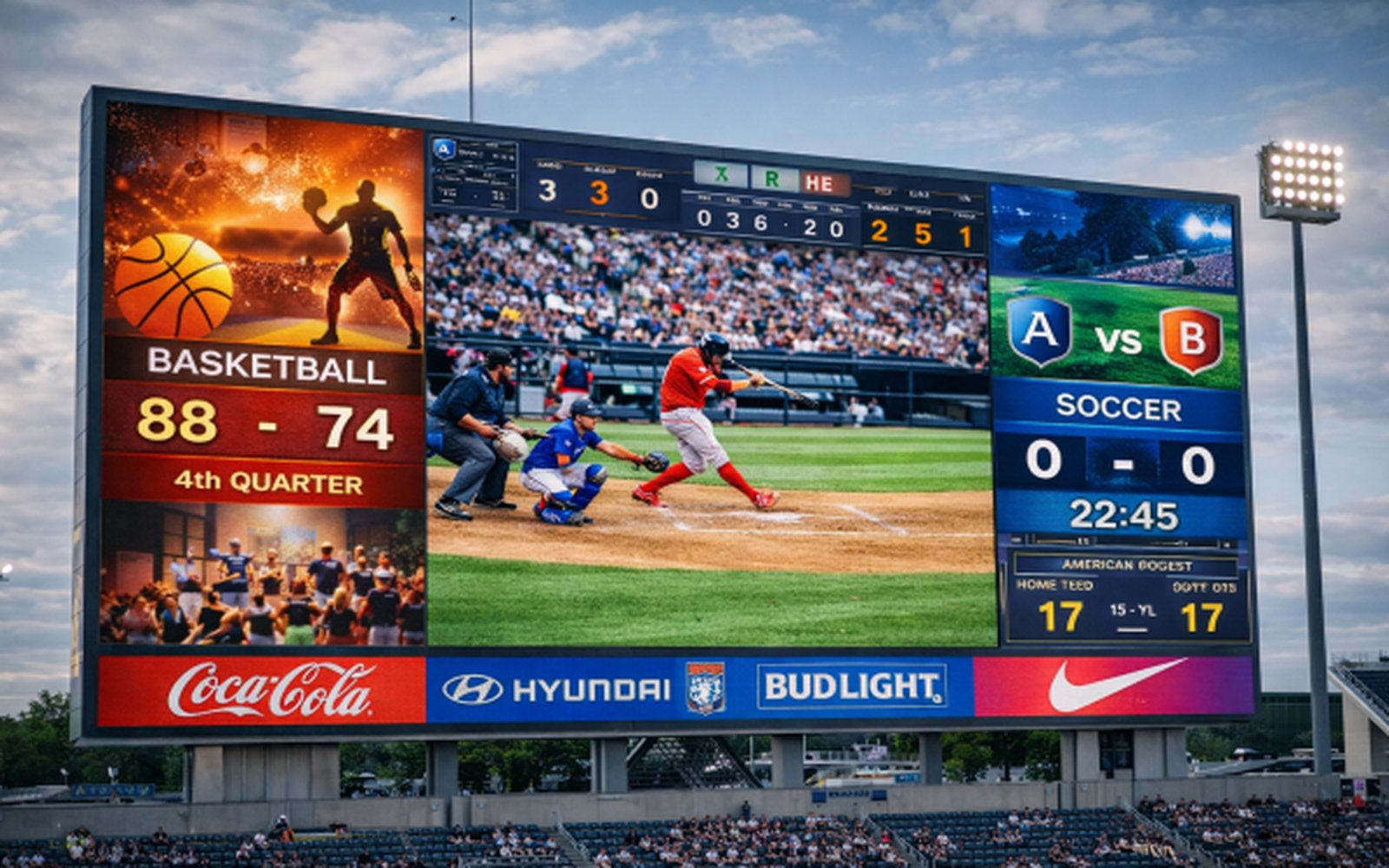 Sports Stadium — Perimeter Ribbon & Main Scoreboard Display