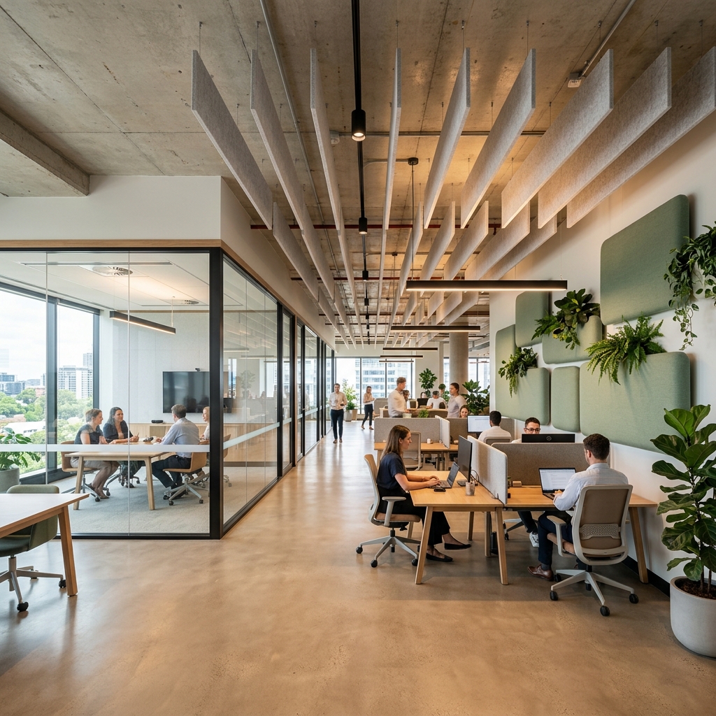 Modern open-plan office with suspended acoustic baffles and sage fabric wall panels