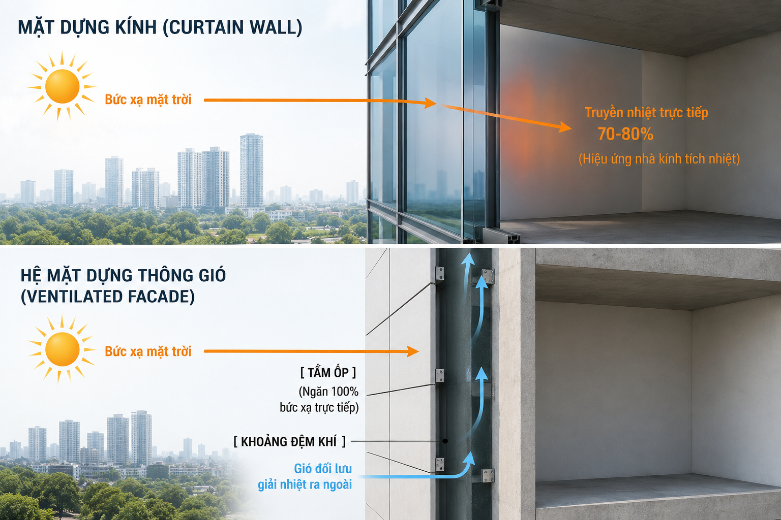 Comparative diagram analyzing the solar heat transmission of a glass curtain wall (causing 70-80% direct greenhouse heat gain) versus a double skin ventilated opaque facade (which blocks 100% direct solar heat and vents it away via convective air loop).
