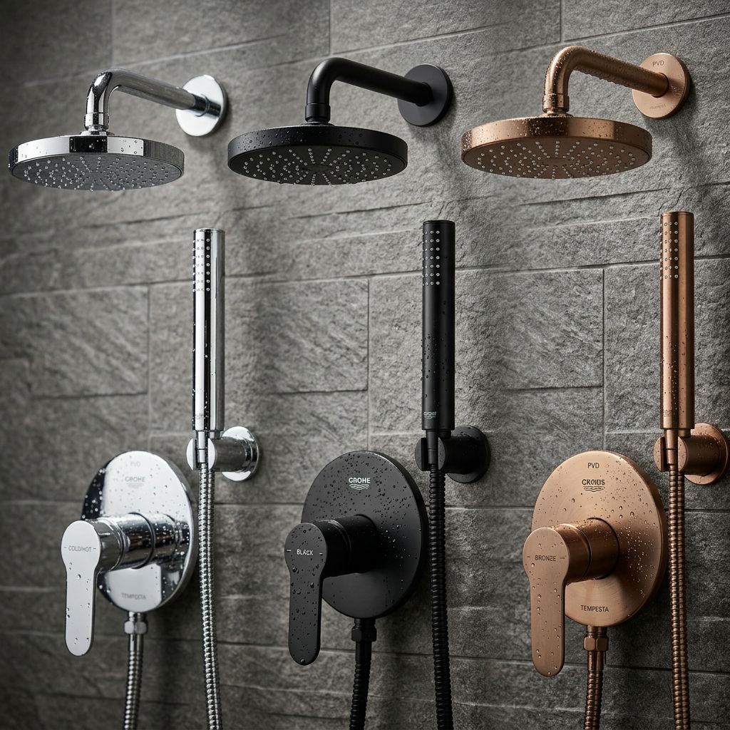 Three premium shower sets in polished chrome, matte black, and brushed rose gold PVD finishes displayed against stone tile