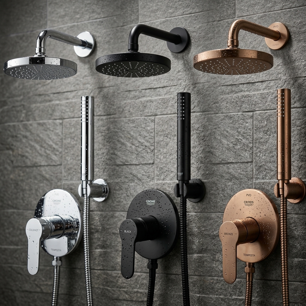 Three premium shower sets in polished chrome, matte black, and brushed rose gold PVD finishes displayed against stone tile