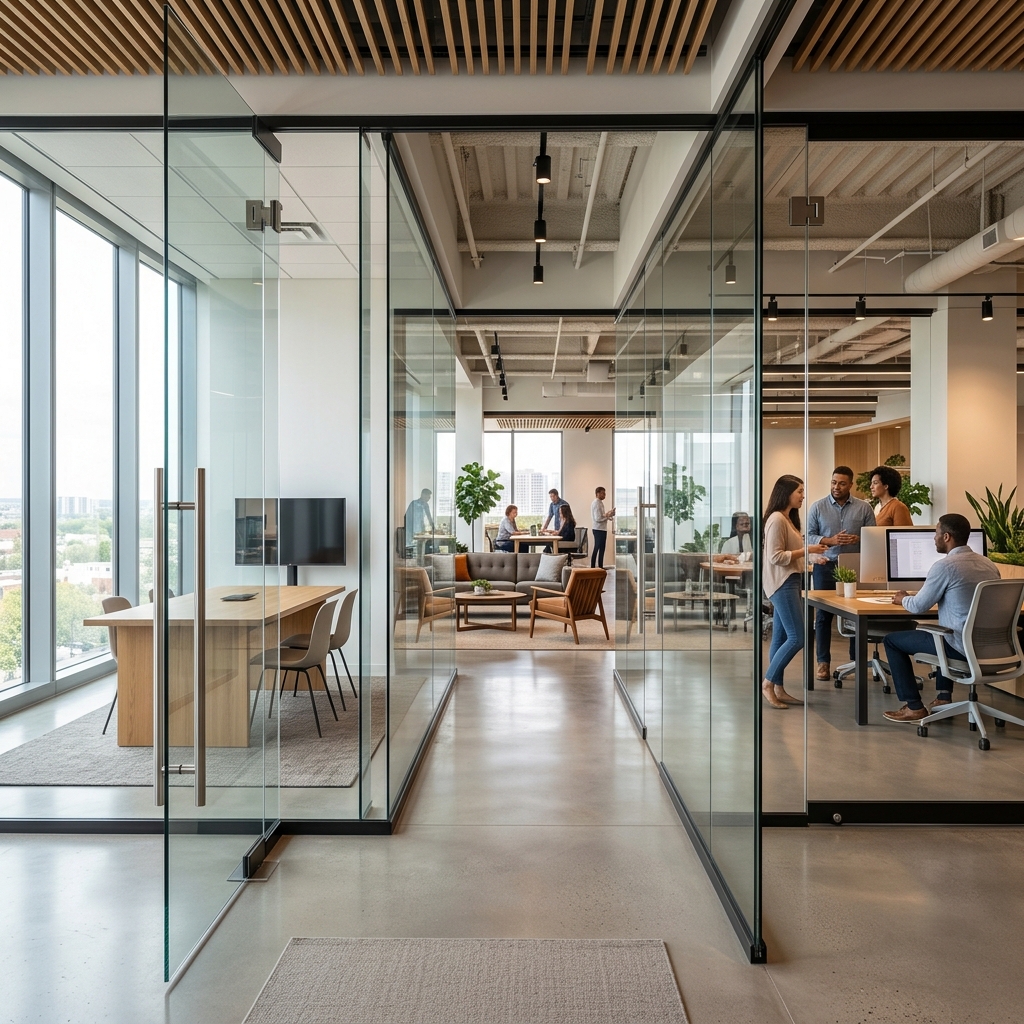Modern office interior with frameless glass partition walls and aluminum-framed pivot doors — one of the most requested specification packages for corporate fit-outs in Vietnam.