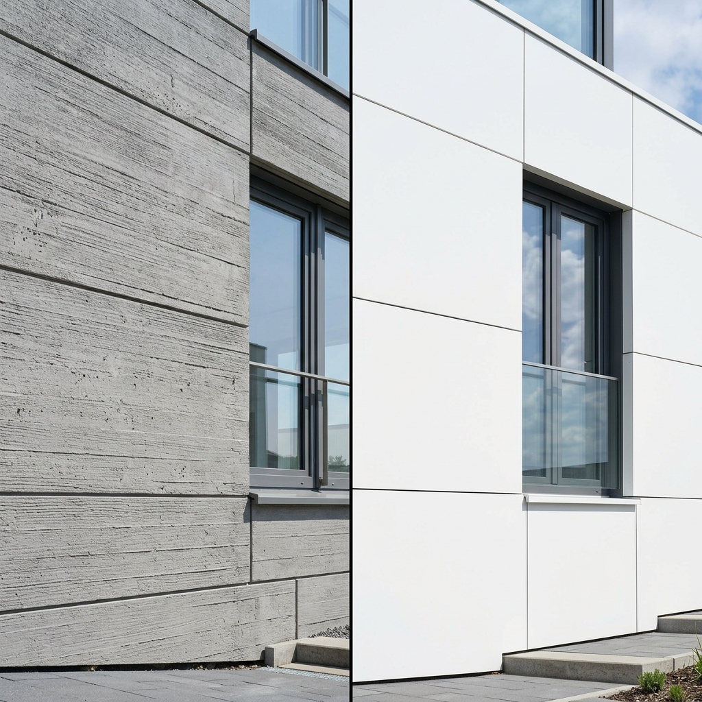 Direct architectural comparison: textured fibre cement board cladding (left) versus smooth aluminium composite panel (right) — two of Vietnam's most specified facade materials.