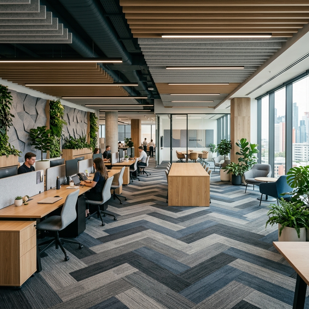 A modern, biophilic open-plan office interior with herringbone-patterned modular carpet tiles in grey and blue tones.