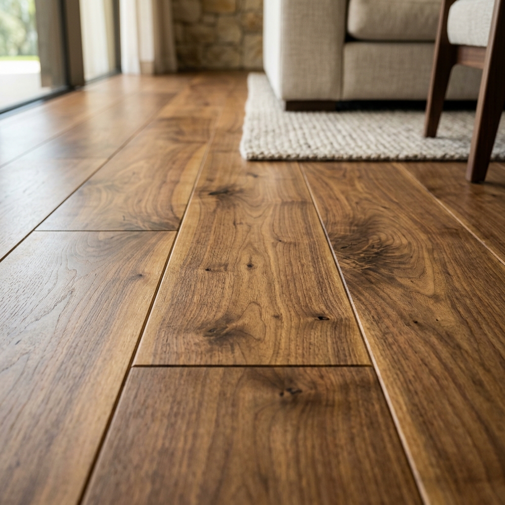 Premium engineered timber flooring planks installed in a luxury villa living room, showcasing natural walnut grain texture.