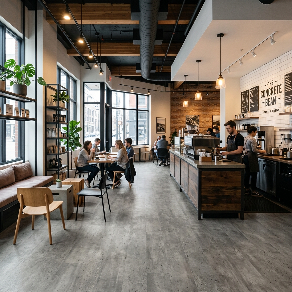 A contemporary café interior featuring LVT flooring with a polished concrete look — a popular choice for high-traffic commercial spaces.