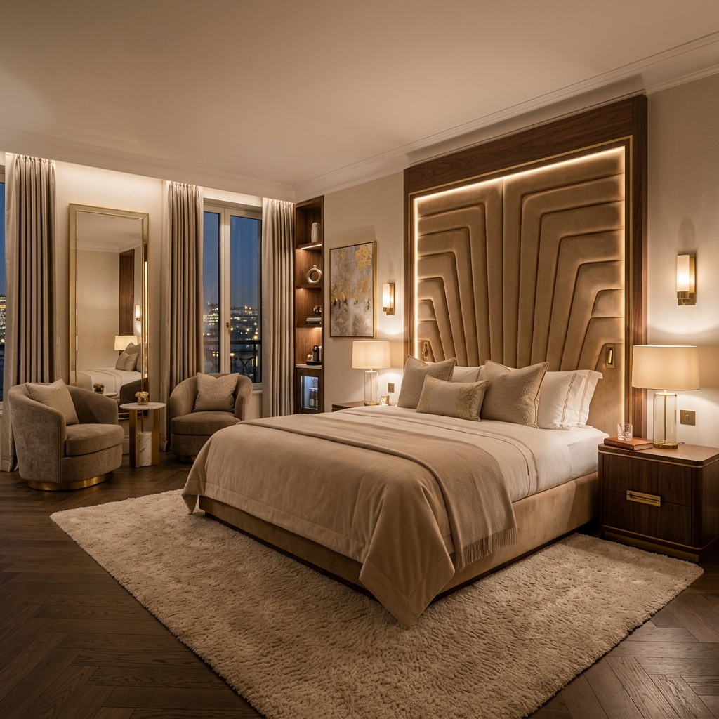 A luxury 5-star hotel suite interior featuring bespoke FF&E — custom upholstered headboard, precision joinery, and coordinated soft furnishings in warm neutral tones with gold accents.