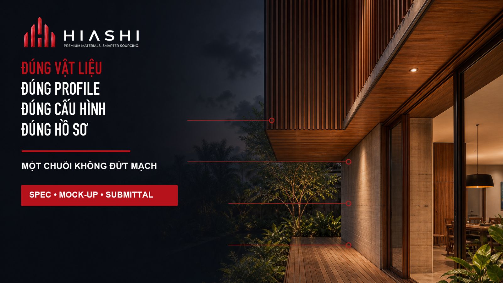 Nighttime timber facade highlighting four-step decision chain from material to proof