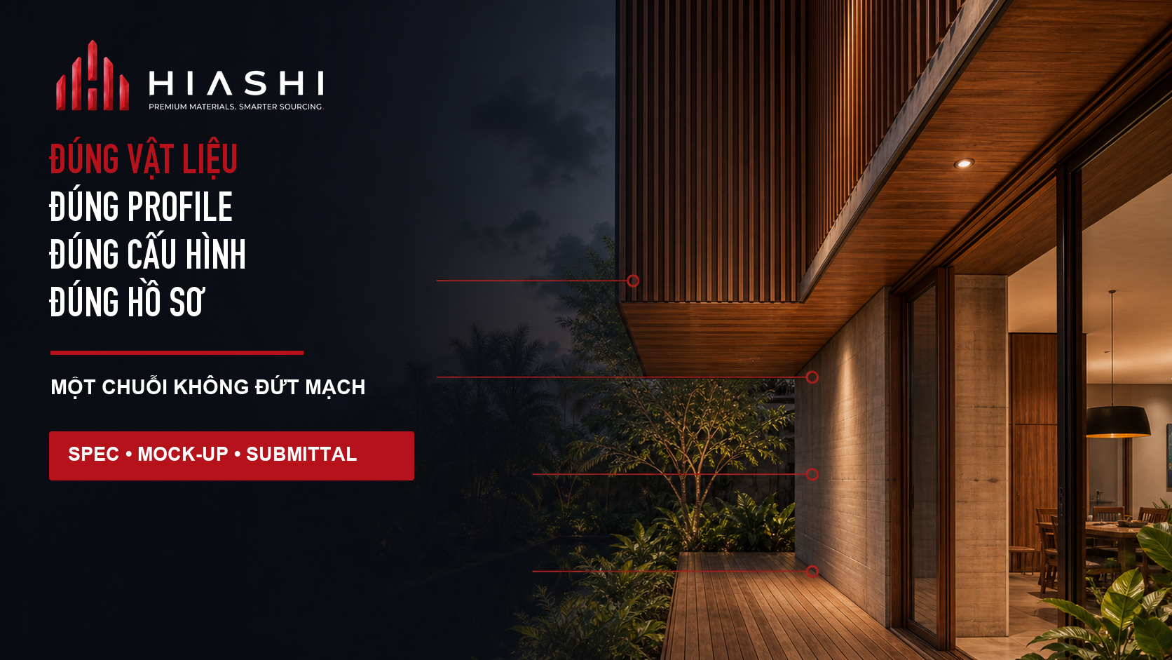 Nighttime timber facade highlighting four-step decision chain from material to proof