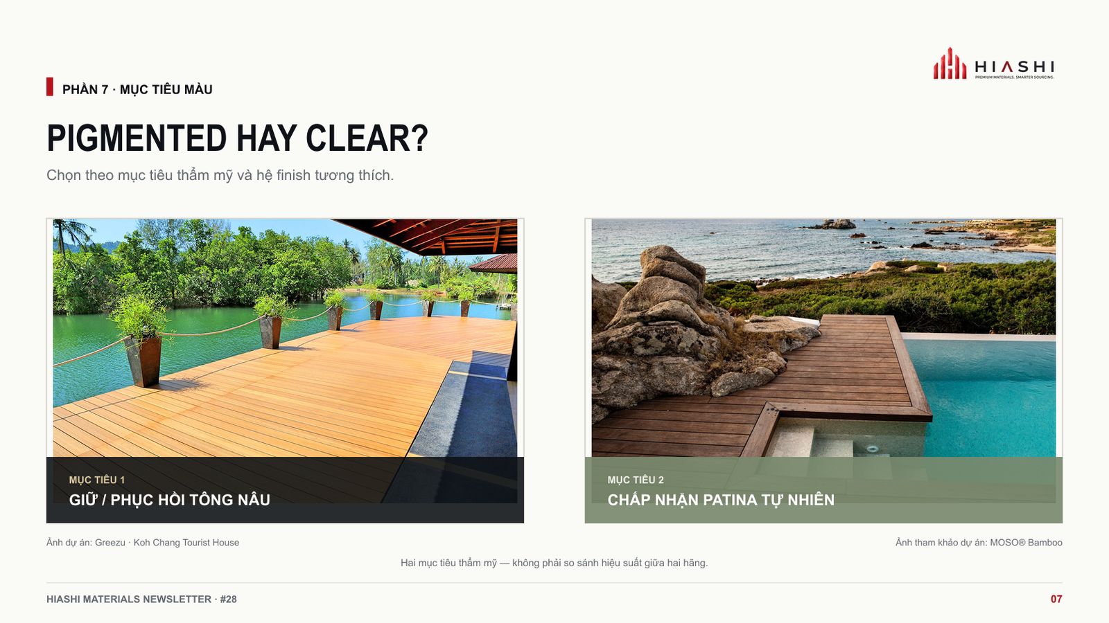Hai công trình decking thật minh họa hai mục tiêu giữ tông nâu và chấp nhận patina tự nhiên