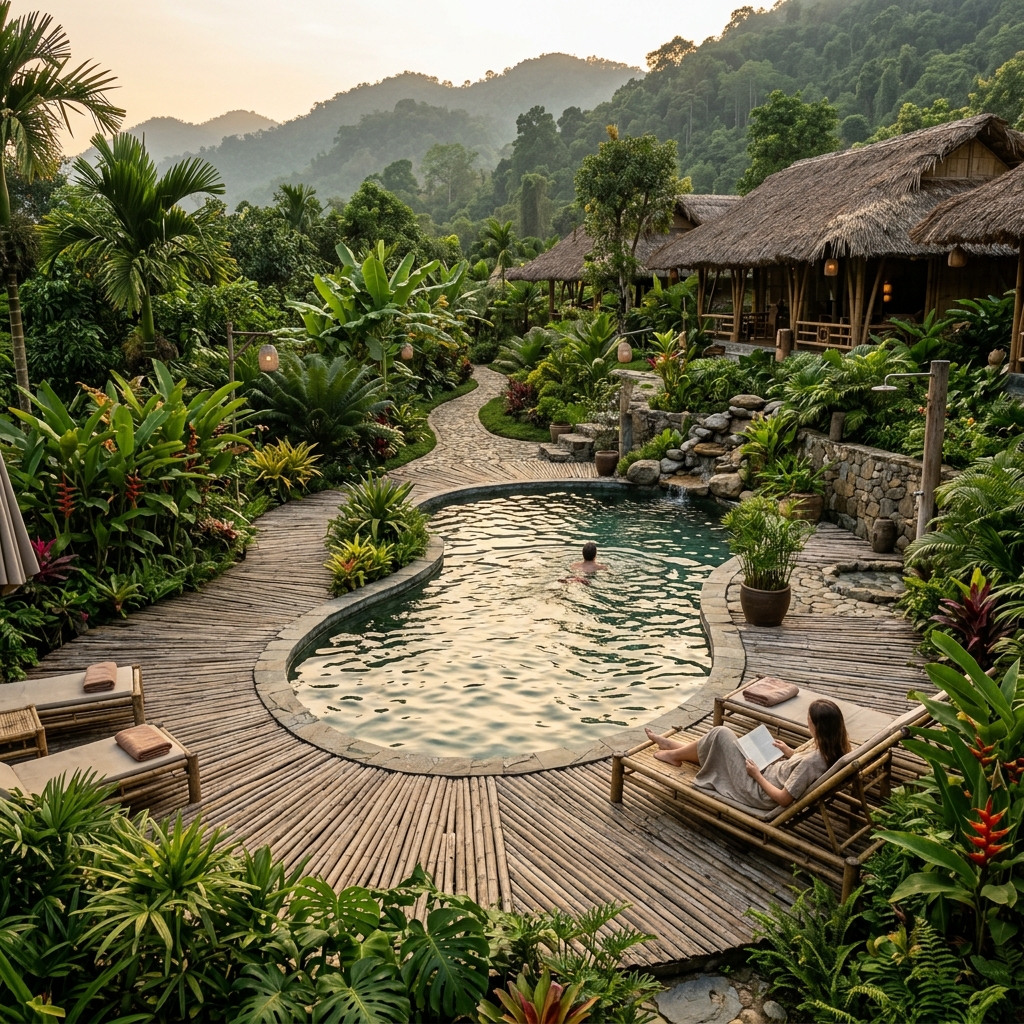 A luxury tropical resort landscape in Vietnam featuring bamboo pool decking, natural stone pathways, and lush biophilic planting — the benchmark for sustainable outdoor design in Southeast Asia.